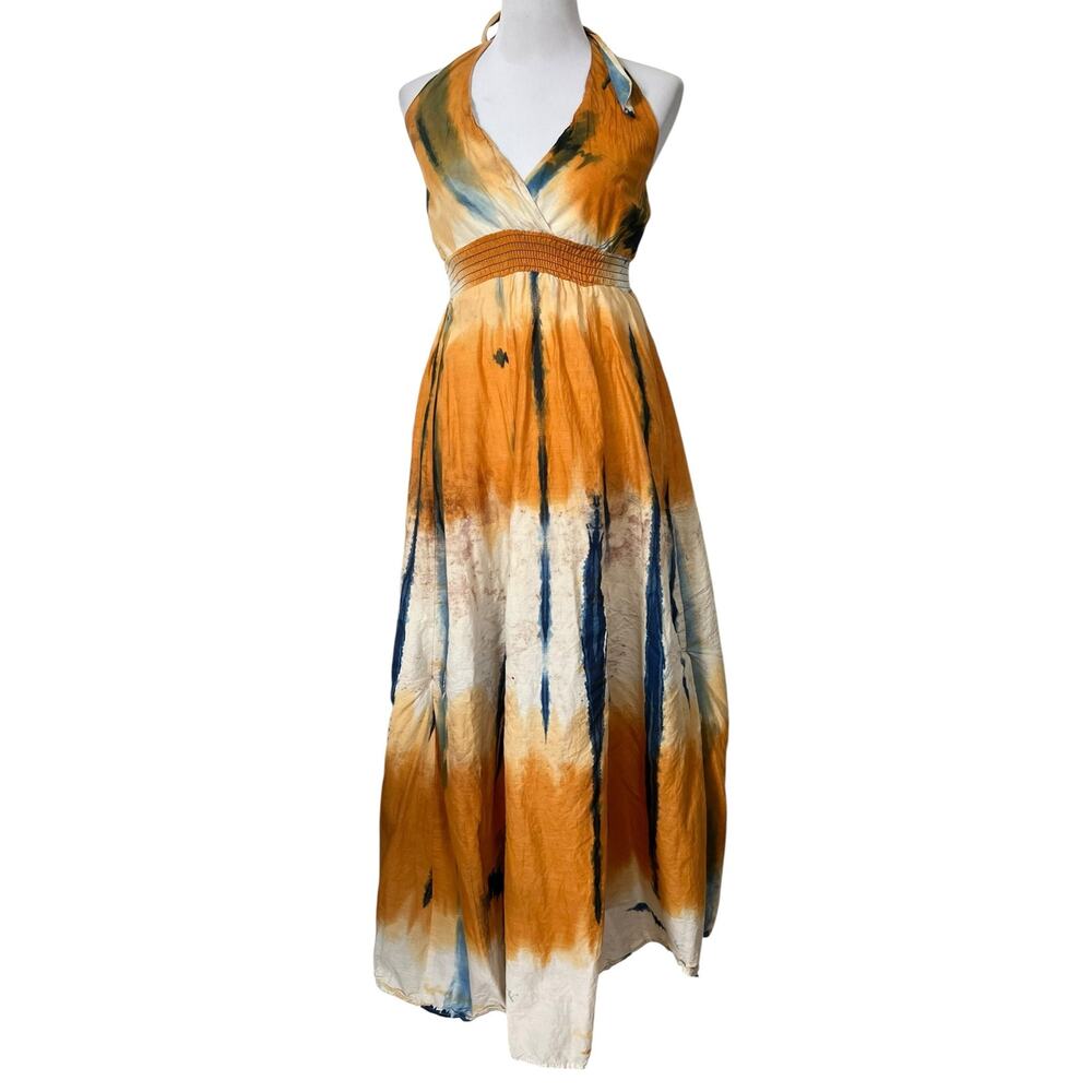 eShe Halter Maxi Dress Tie Dye Cotton Adjustable Length Festival Hippie Womens S